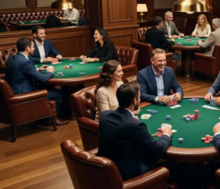 Dedicated card lounge with oak poker tables, symbolic poker chips and guests enjoying relaxed offline card play.