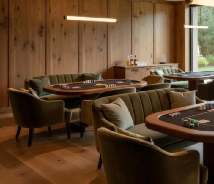 Warm, softly lit card lounge interior with poker tables at Clover & Candle