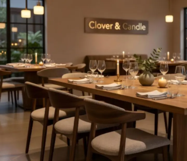 Dining space at Clover & Candle with natural oak textures and soft lighting