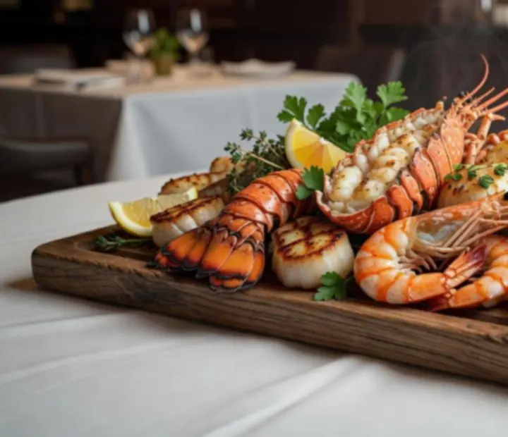 Grilled seafood platter with prawns, fish and lemon at Clover & Candle