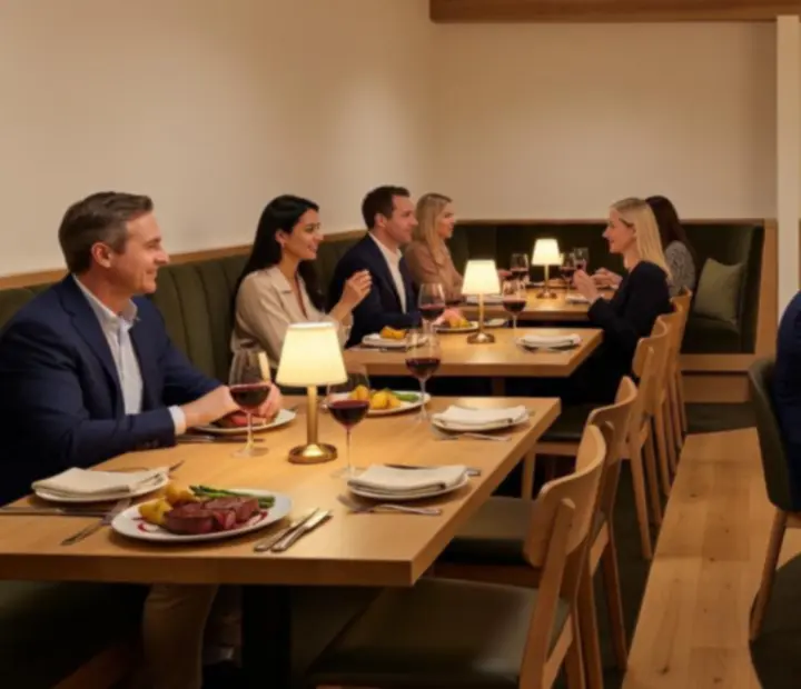 Elegant Australian restaurant interior opening into a refined offline poker card lounge with guests enjoying food and friendly card play.