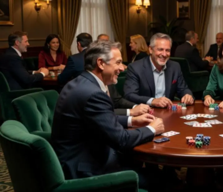 Guests gathered around oak poker tables for a hosted offline poker night with symbolic chips in a warm card room.