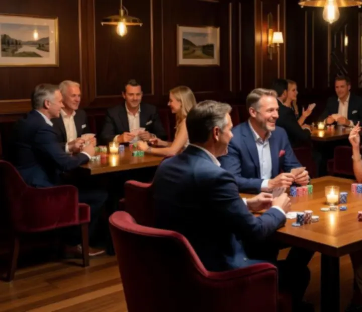 Warmly lit poker lounge at Clover & Candle with guests seated around a card table