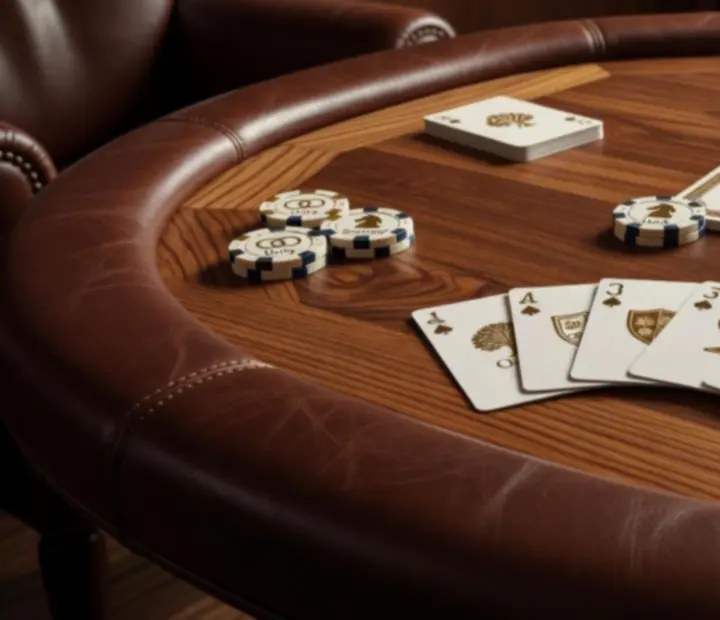 Oak-finished poker table with symbolic poker chips neatly arranged for offline poker