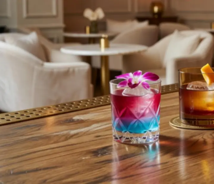 Signature cocktails and wine displayed at the Clover & Candle bar