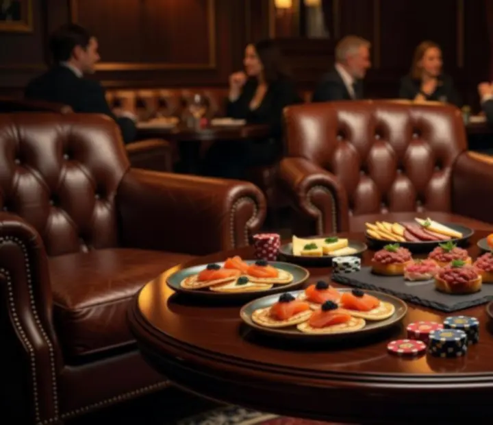 Sharing snacks and small plates set beside symbolic poker chips in the Clover & Candle card lounge